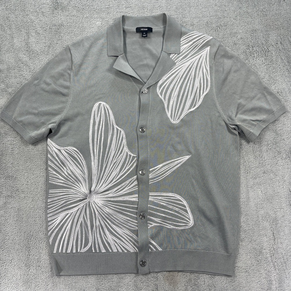 Reiss Knit Polo Shirt Mens XL Sage Laurent Floral Embroidered Stretch Button Up